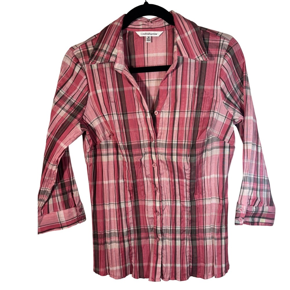 Med Pink Plaid Croft & Barrow Womens Crinkle Button Front 3/4 Sleeve Blouse
